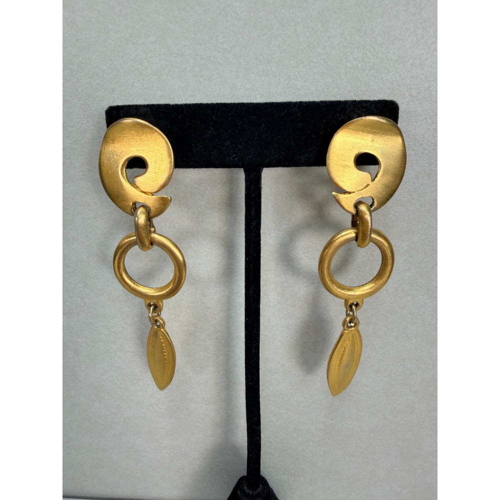 Vintage Brushed Satin Gold Tone Geometric Dangle Drop Earrings Pierced 1980s